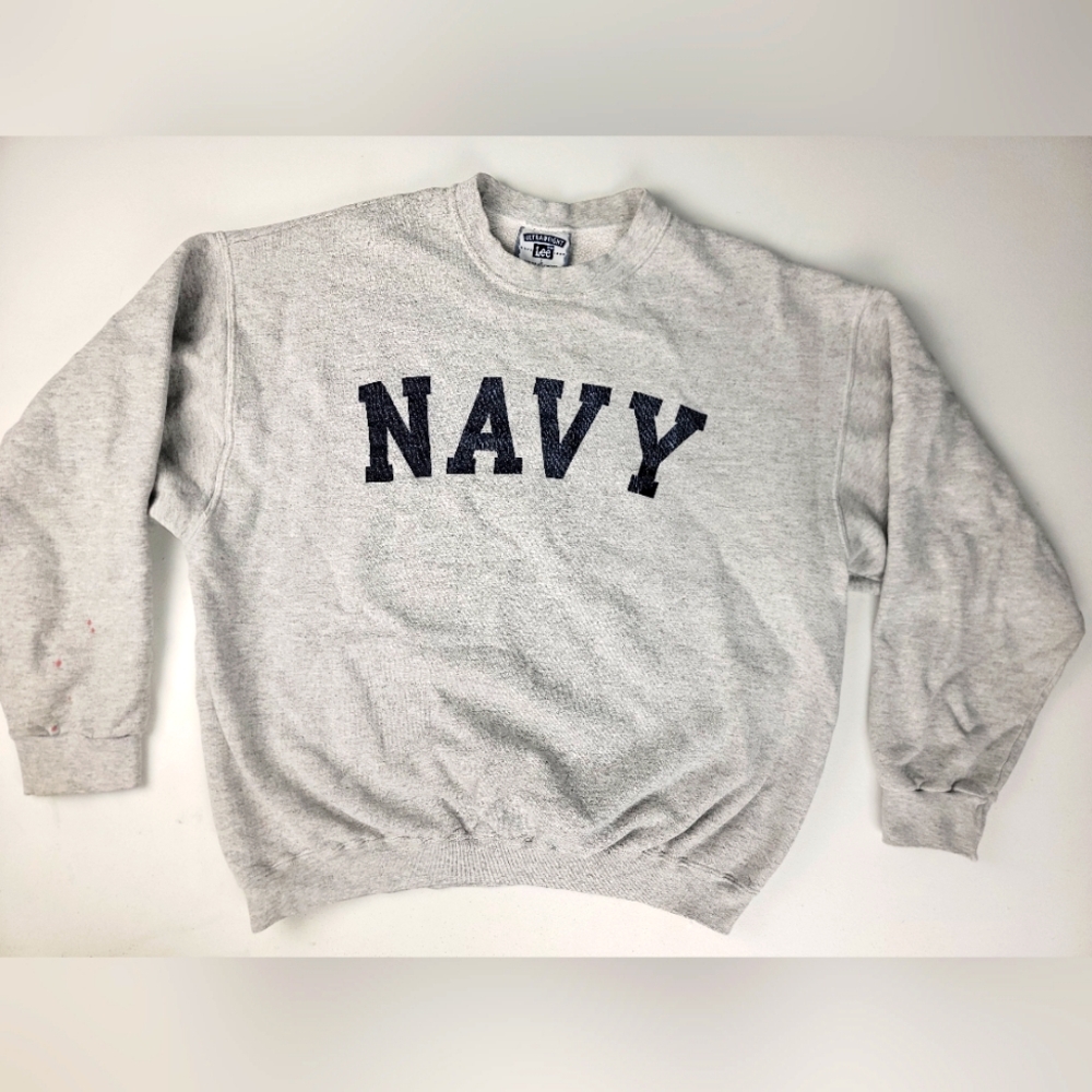 NAVY spellout military Lees Heavyweight Gray Sweater sz Large